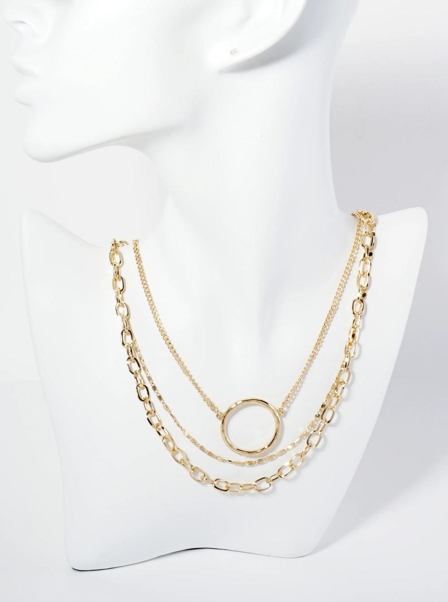 Set Of 2 Hammered Circle Pendant Layered Chain Necklace