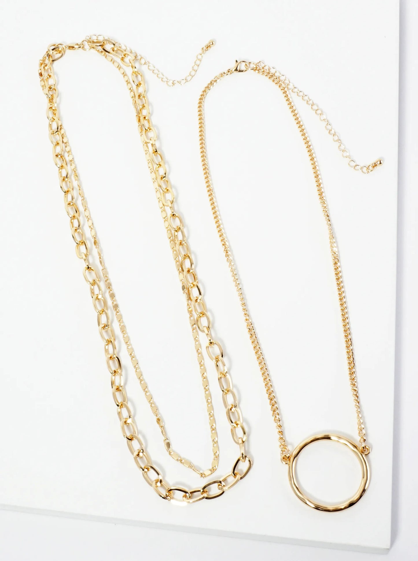 Set Of 2 Hammered Circle Pendant Layered Chain Necklace