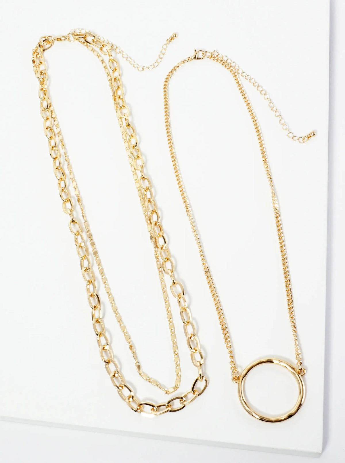 Set Of 2 Hammered Circle Pendant Layered Chain Necklace