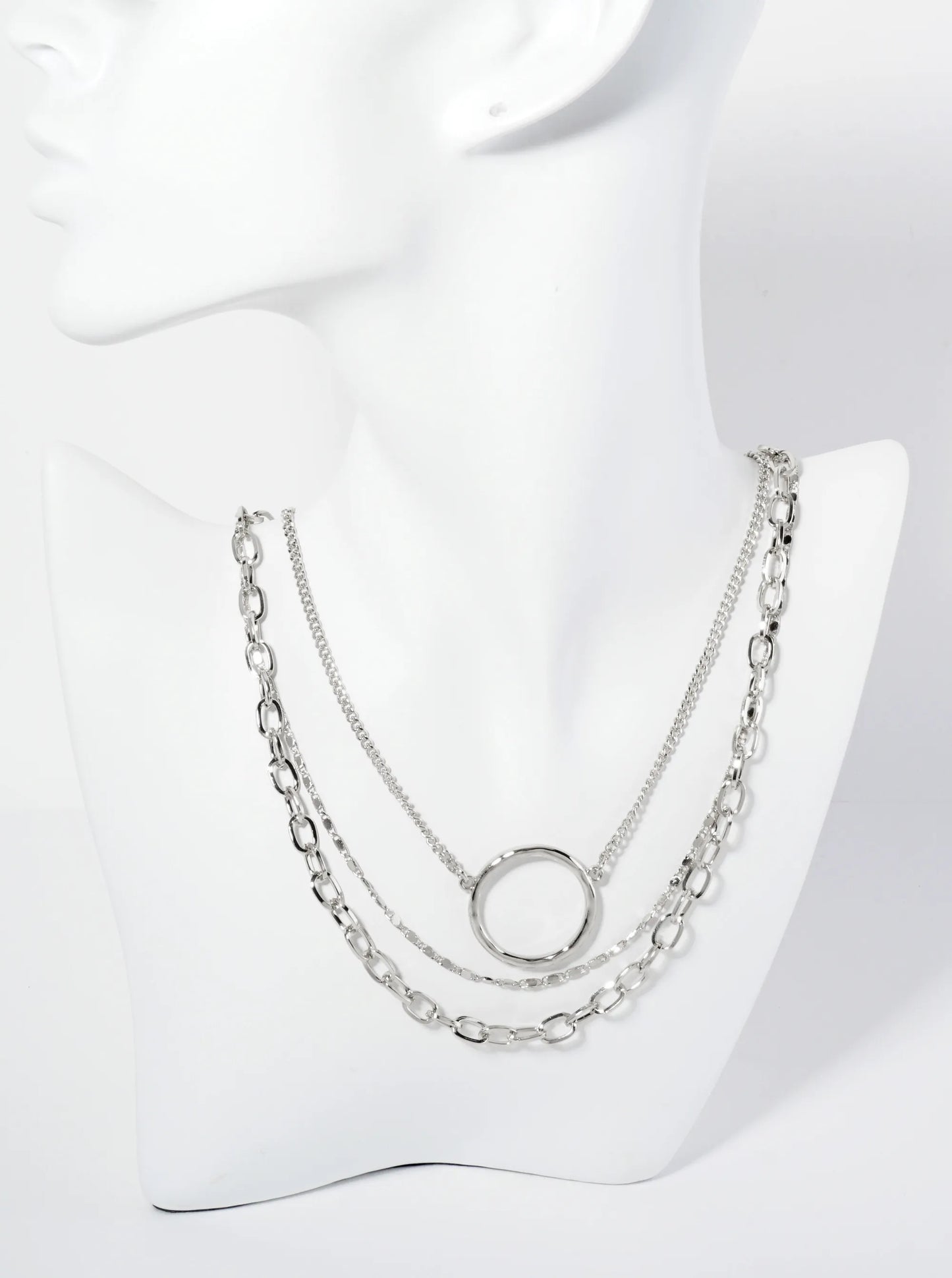 Set Of 2 Hammered Circle Pendant Layered Chain Necklace