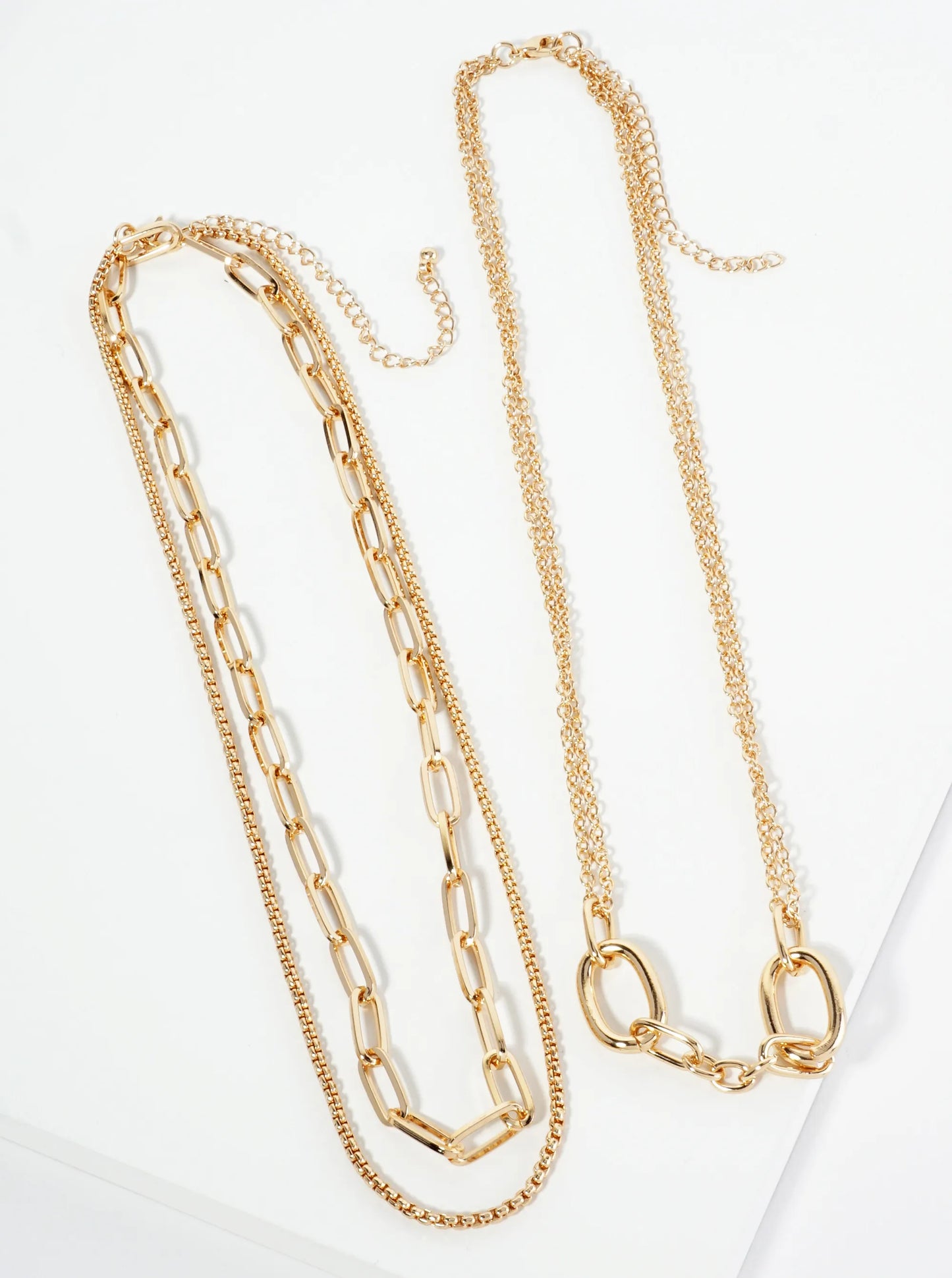 Set Of 2 Polished Metal Layered Link Chain Necklace