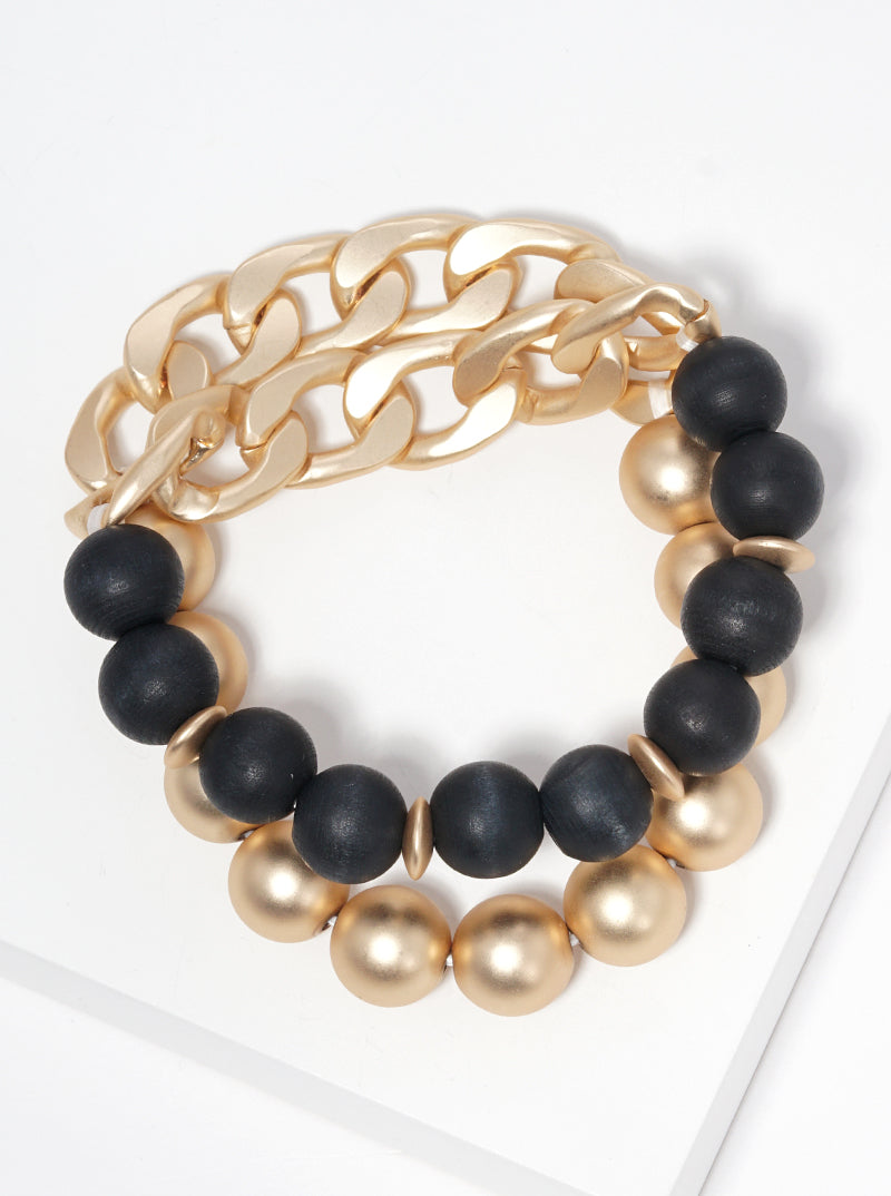Set Of 2 Wood And Metallic Beaded Chain Stretch Bracelet