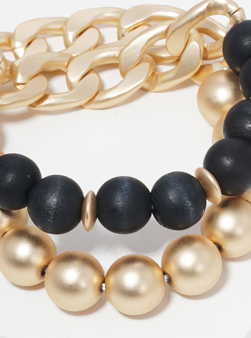 Set Of 2 Wood And Metallic Beaded Chain Stretch Bracelet