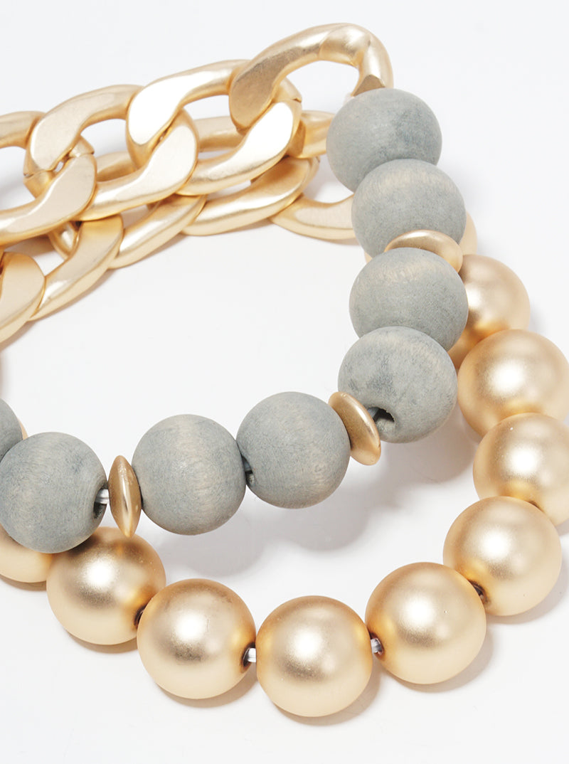 Set Of 2 Wood And Metallic Beaded Chain Stretch Bracelet