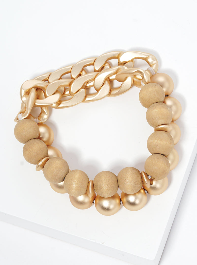 Set Of 2 Wood And Metallic Beaded Chain Stretch Bracelet