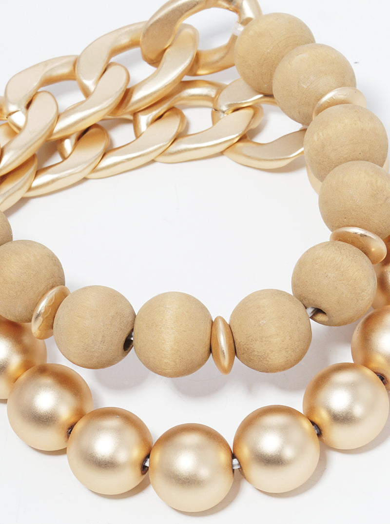 Set Of 2 Wood And Metallic Beaded Chain Stretch Bracelet