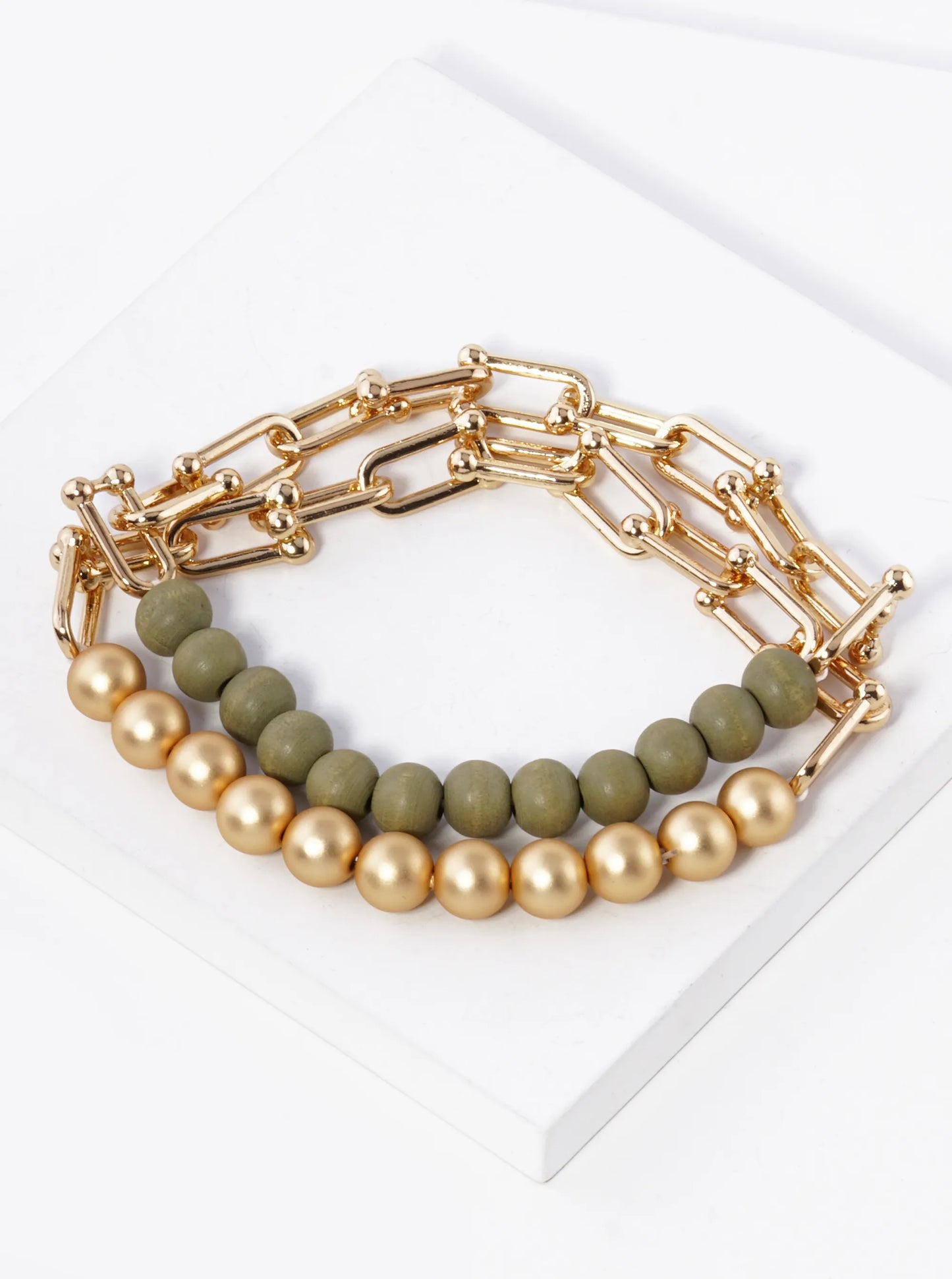 Set Of 2 Wood And Metallic Beads Stretch Chain Bracelet