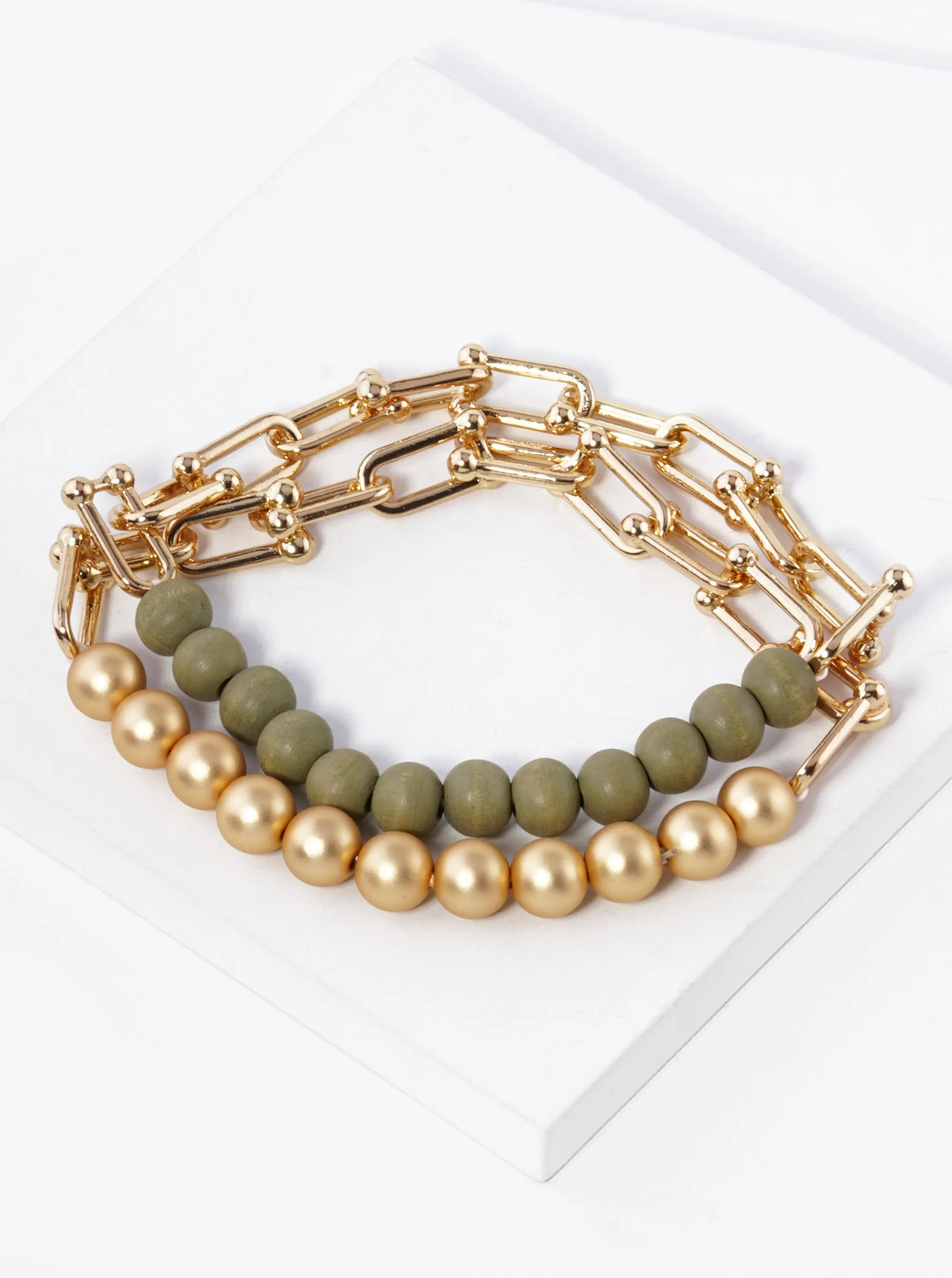 Set Of 2 Wood And Metallic Beads Stretch Chain Bracelet