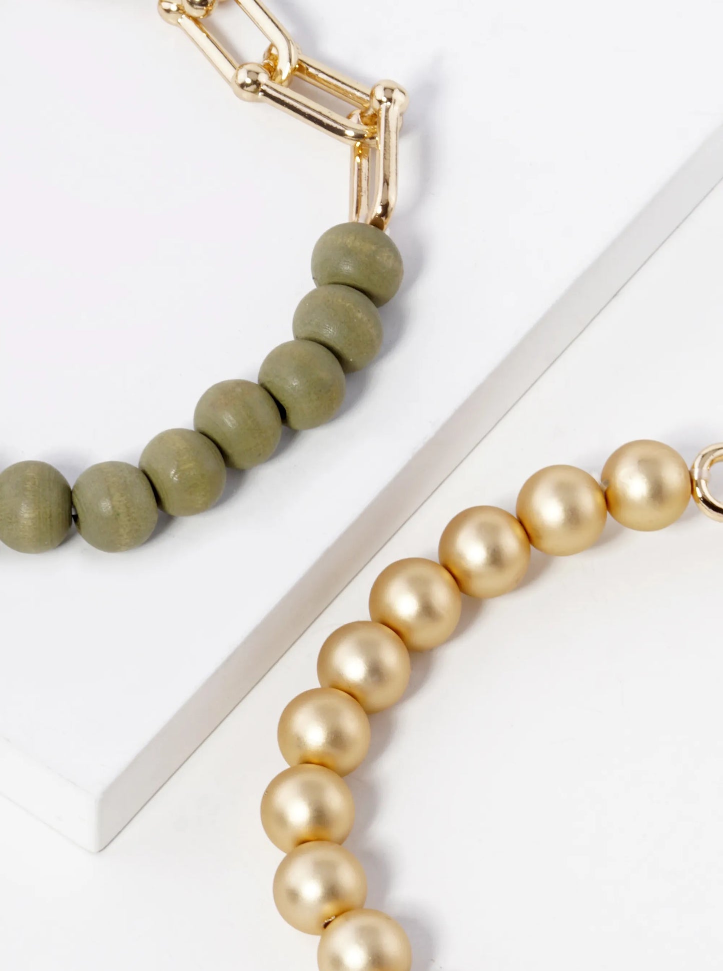 Set Of 2 Wood And Metallic Beads Stretch Chain Bracelet