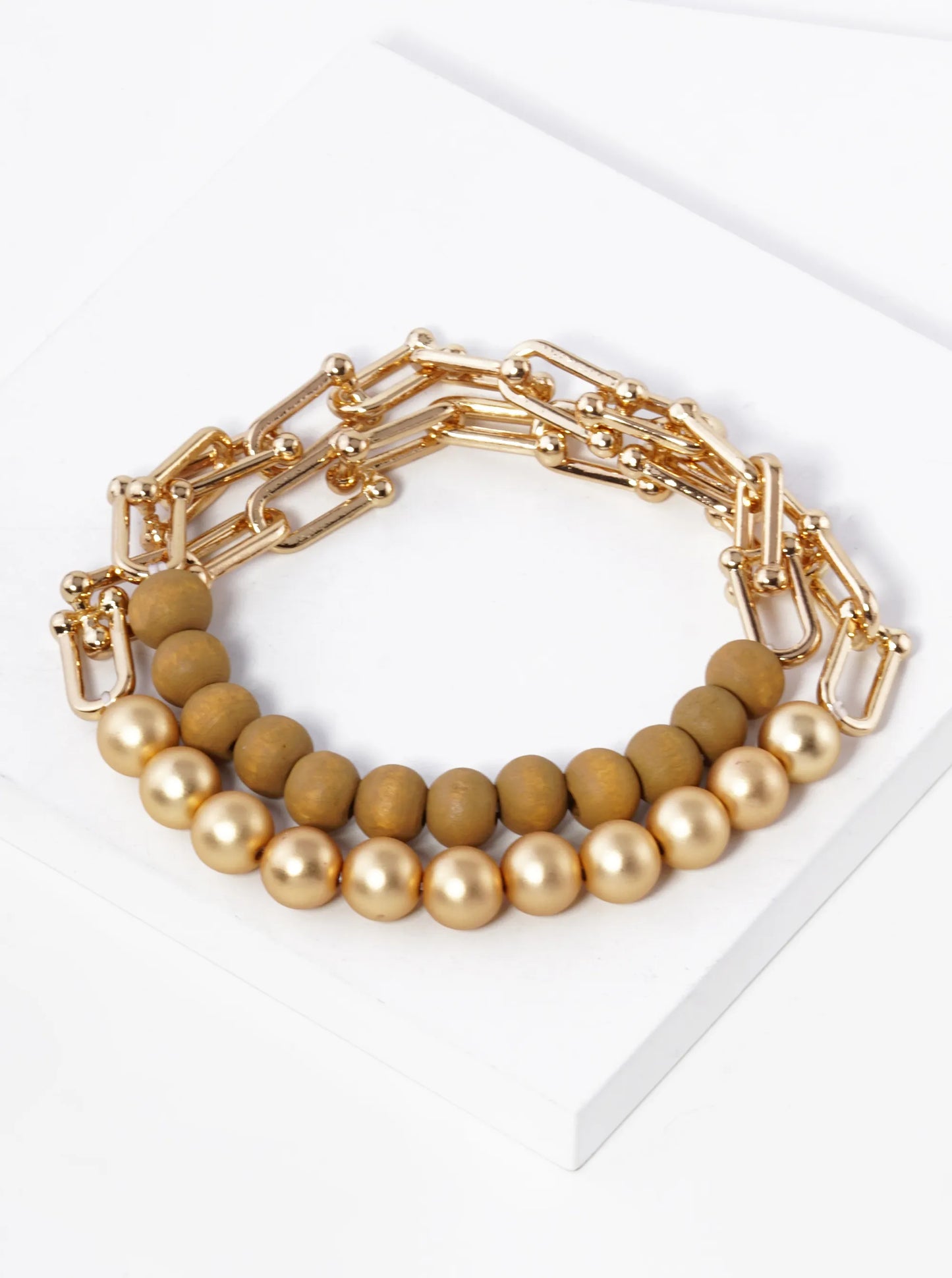 Set Of 2 Wood And Metallic Beads Stretch Chain Bracelet