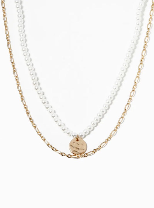 Set Of 2 Hammered Disc Pendant Pearl Beaded Layered Necklace