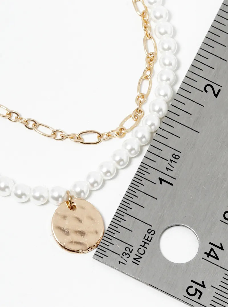 Set Of 2 Hammered Disc Pendant Pearl Beaded Layered Necklace