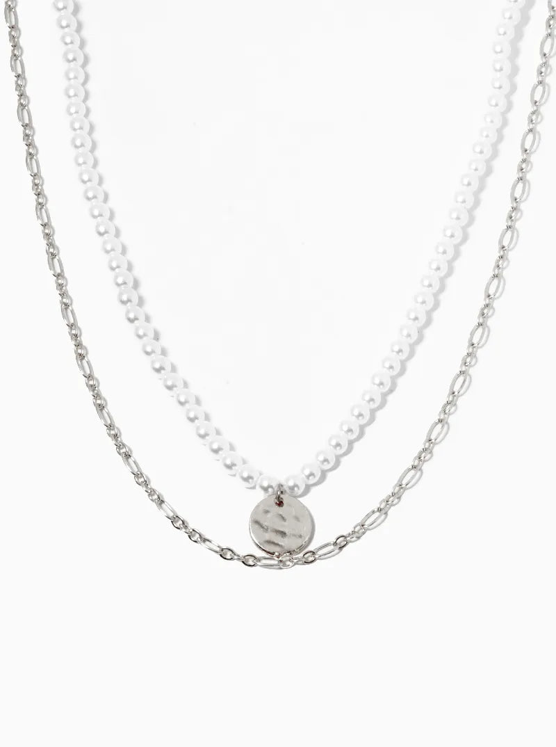 Set Of 2 Hammered Disc Pendant Pearl Beaded Layered Necklace