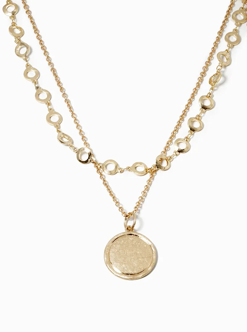 Set Of 2 Round Disc Pendant Layered Chain Necklace