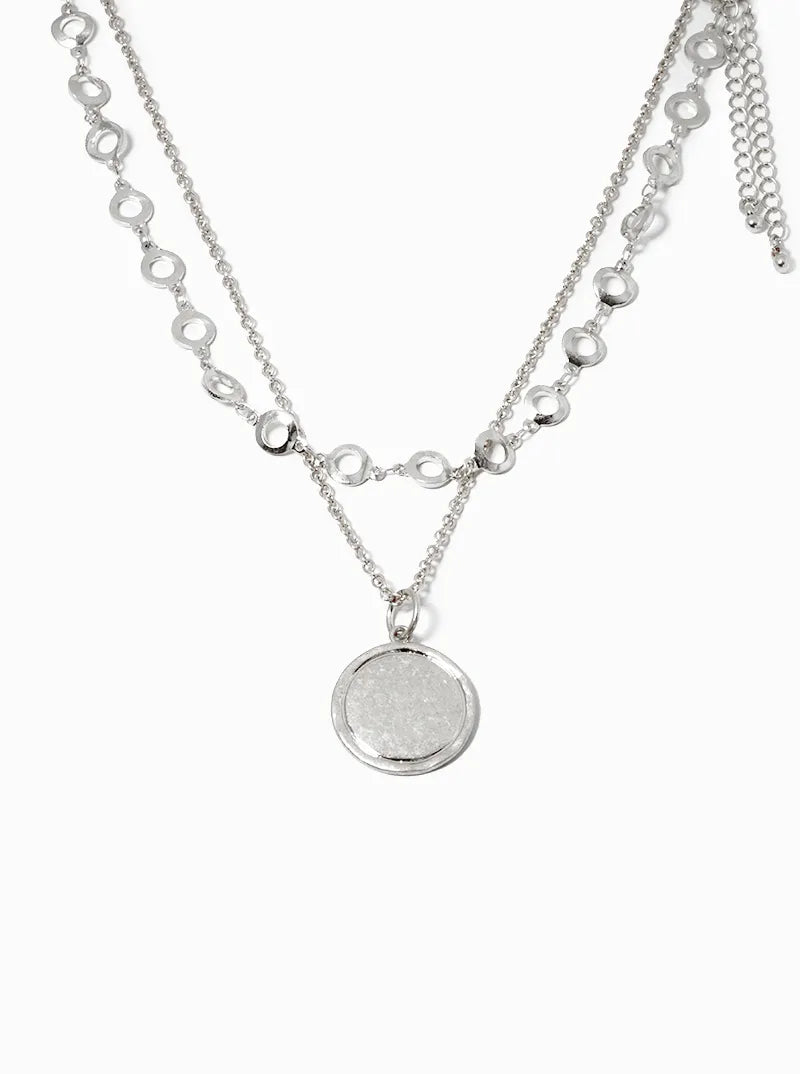 Set Of 2 Round Disc Pendant Layered Chain Necklace