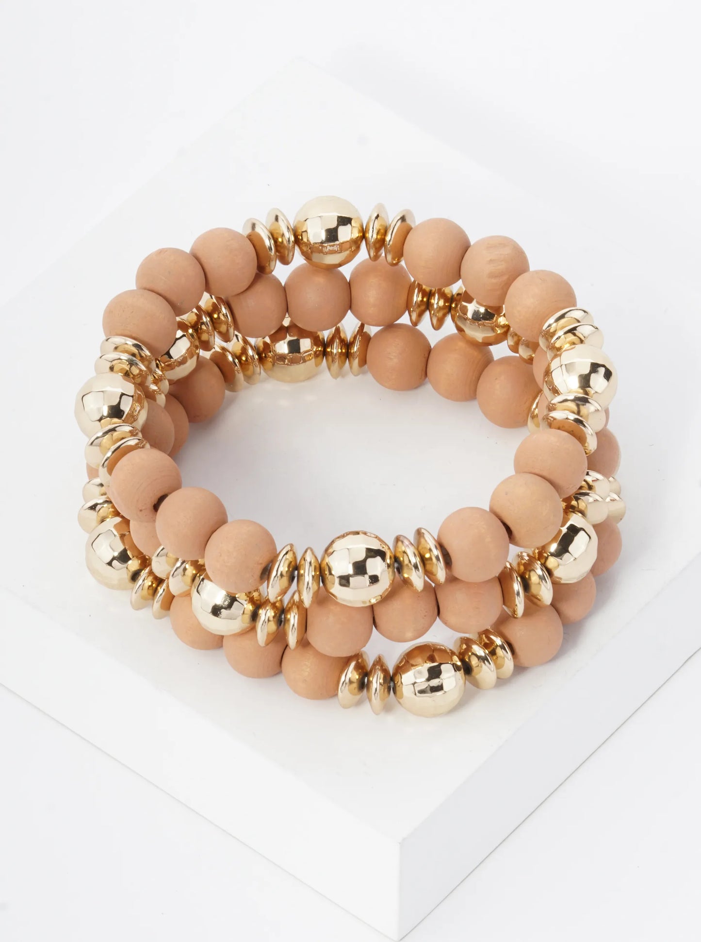 Set Of 3 10mm Color Wood Beads And Disco Ball Beads Stackable Stretch Bracelet