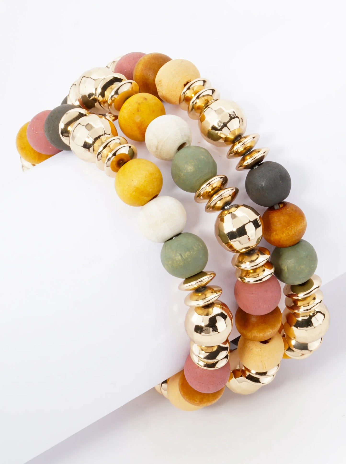 Set Of 3 10mm Color Wood Beads And Disco Ball Beads Stackable Stretch Bracelet
