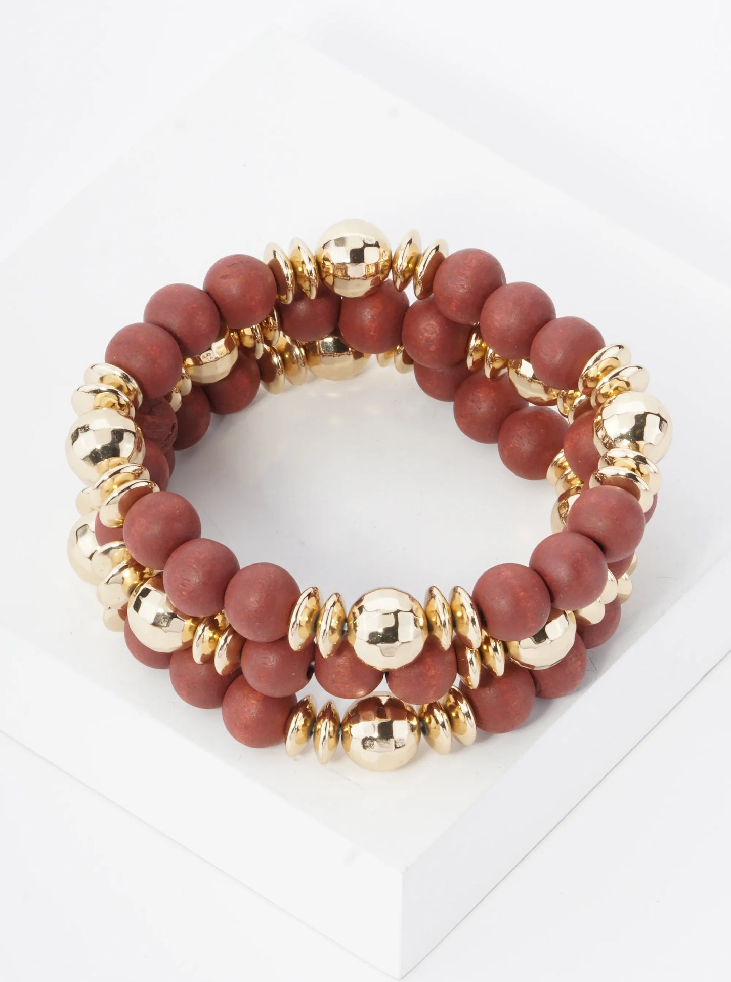 Set Of 3 10mm Color Wood Beads And Disco Ball Beads Stackable Stretch Bracelet