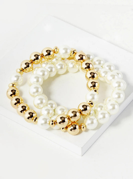 Set Of 3 10mm Pearl And Metallic Beaded Stackable Stretch Bracelet