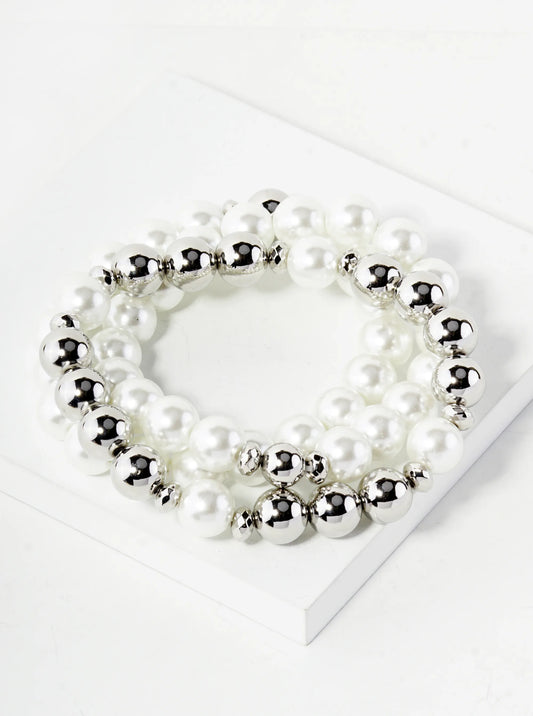 Set Of 3 10mm Pearl And Metallic Beaded Stackable Stretch Bracelet