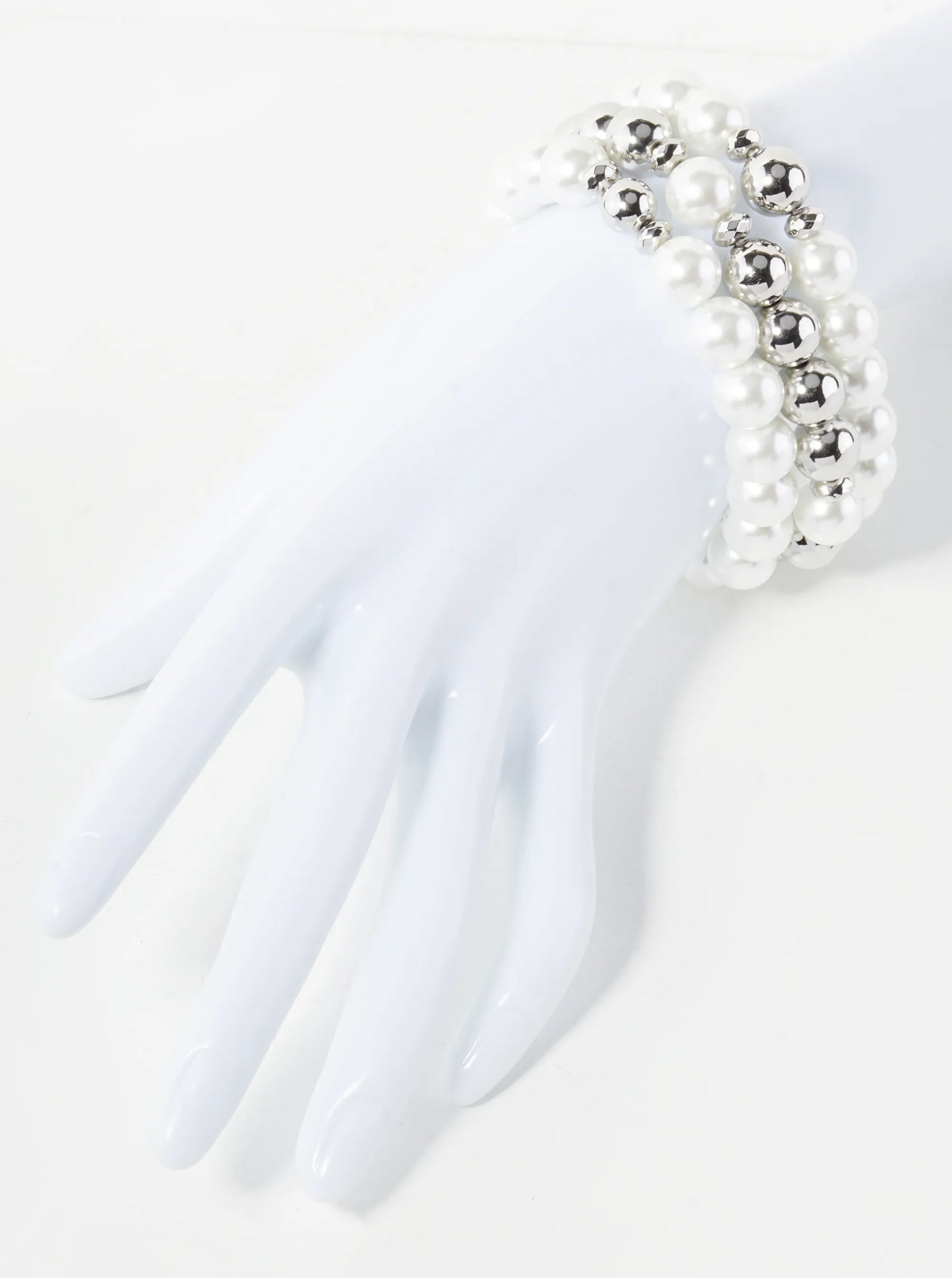 Set Of 3 10mm Pearl And Metallic Beaded Stackable Stretch Bracelet