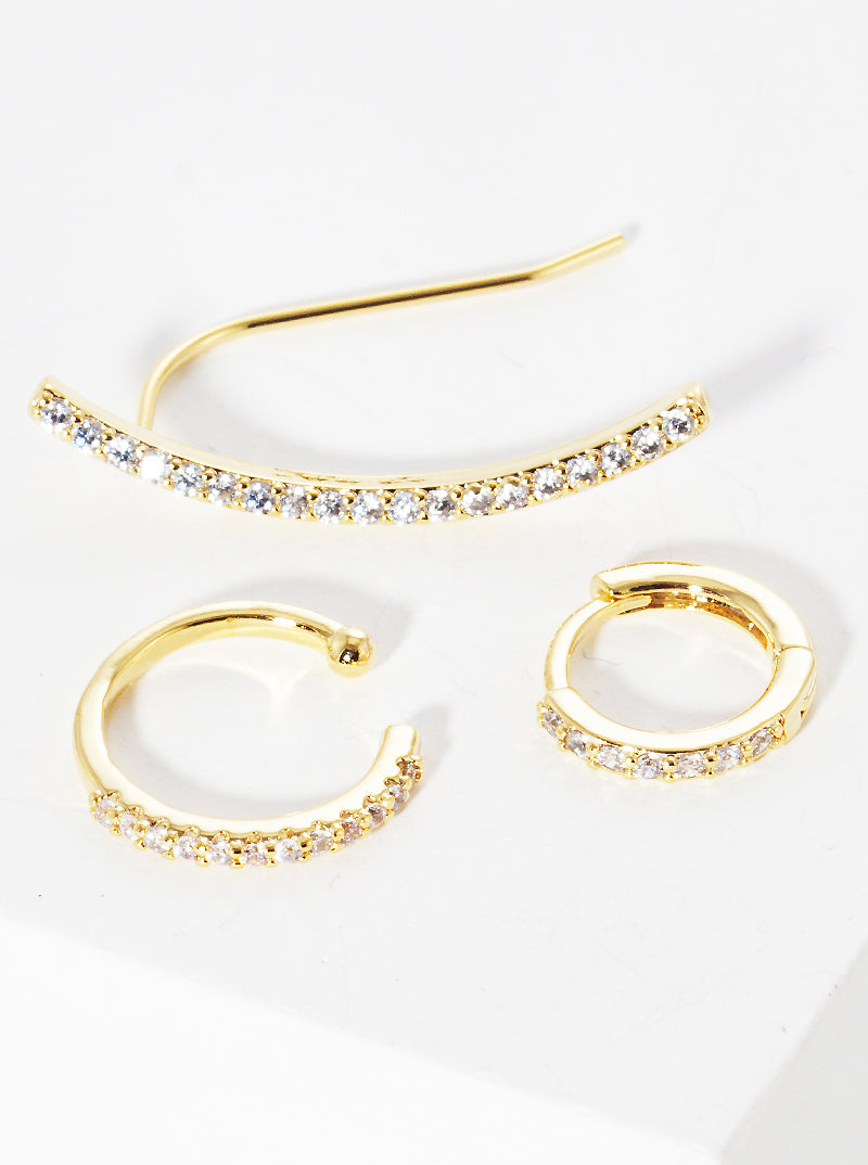 Set Of 3 18K Gold Dipped Brass CZ Ear Crawler With Ear Cuff And Huggie Hoop Earrings