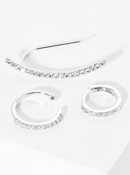 Set Of 3 18K Gold Dipped Brass CZ Ear Crawler With Ear Cuff And Huggie Hoop Earrings