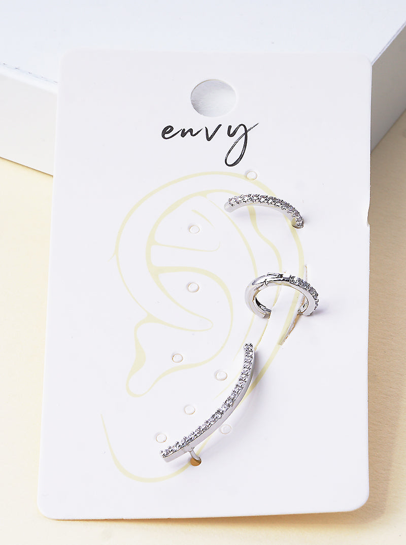 Set Of 3 18K Gold Dipped Brass CZ Ear Crawler With Ear Cuff And Huggie Hoop Earrings