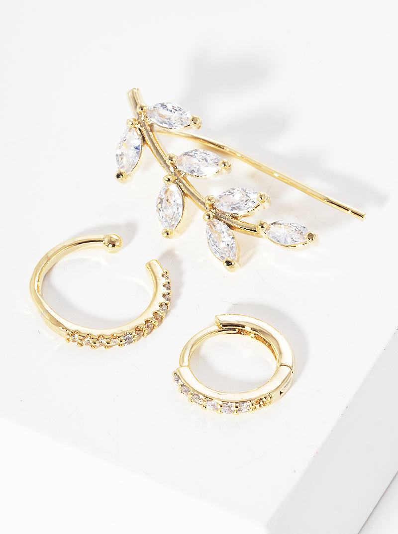 Set Of 3 18K Gold Dipped Leaf Shaped CZ Ear Crawler With Ear Cuff And Huggie Hoop Earrings
