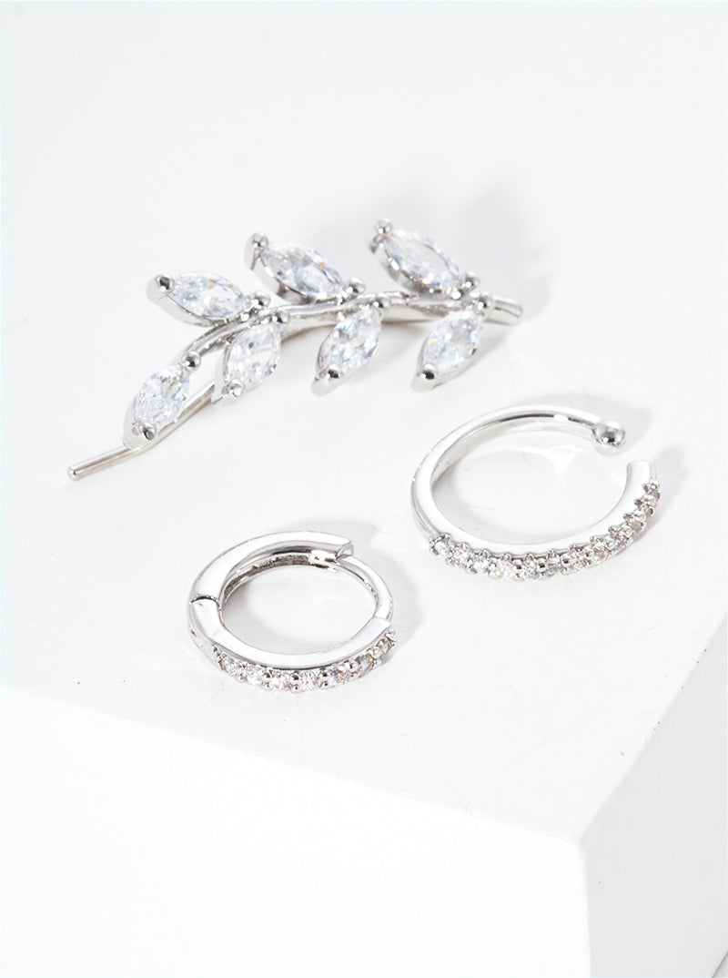 Set Of 3 18K Gold Dipped Leaf Shaped CZ Ear Crawler With Ear Cuff And Huggie Hoop Earrings