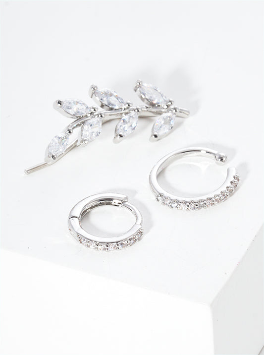 Set Of 3 18K Gold Dipped Leaf Shaped CZ Ear Crawler With Ear Cuff And Huggie Hoop Earrings