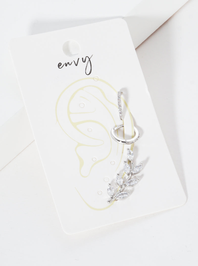 Set Of 3 18K Gold Dipped Leaf Shaped CZ Ear Crawler With Ear Cuff And Huggie Hoop Earrings