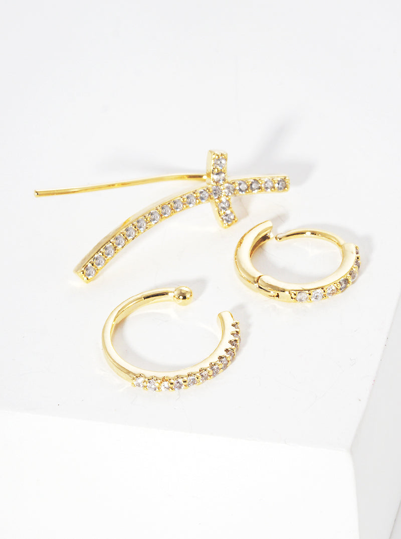 Set Of 3 18K Gold Dipped Sideways CZ Cross Ear Crawler With Ear Cuff And Huggie Hoop Earrings