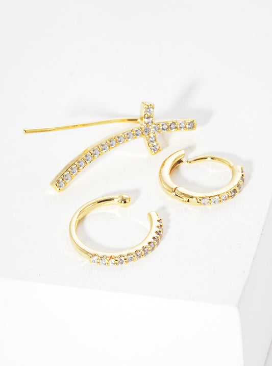 Set Of 3 18K Gold Dipped Sideways CZ Cross Ear Crawler With Ear Cuff And Huggie Hoop Earrings