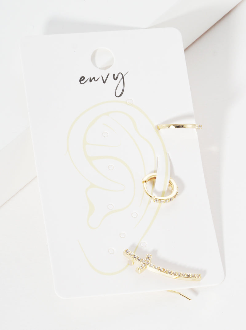 Set Of 3 18K Gold Dipped Sideways CZ Cross Ear Crawler With Ear Cuff And Huggie Hoop Earrings