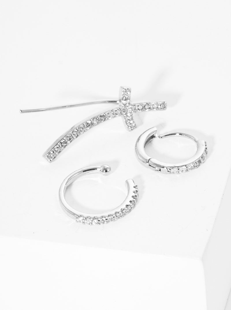 Set Of 3 18K Gold Dipped Sideways CZ Cross Ear Crawler With Ear Cuff And Huggie Hoop Earrings