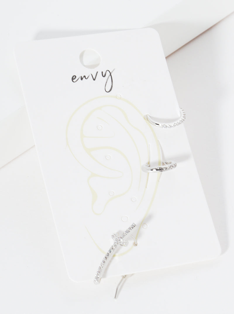 Set Of 3 18K Gold Dipped Sideways CZ Cross Ear Crawler With Ear Cuff And Huggie Hoop Earrings
