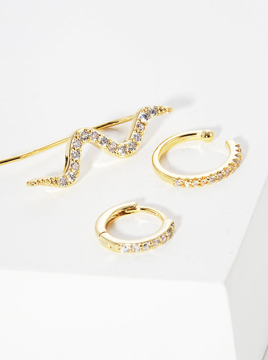 Set Of 3 18K Gold Dipped Snake CZ Ear Crawler With Ear Cuff And Huggie Hoop Earrings