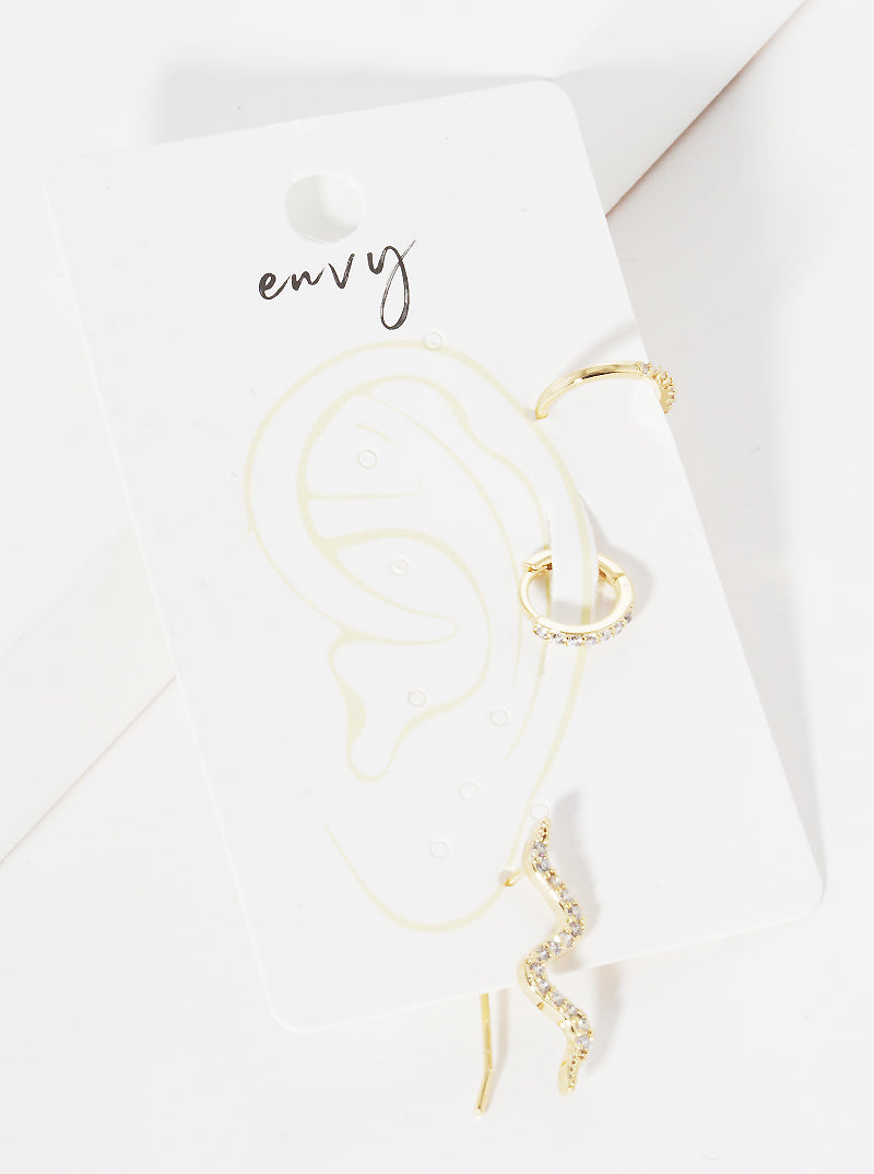 Set Of 3 18K Gold Dipped Snake CZ Ear Crawler With Ear Cuff And Huggie Hoop Earrings