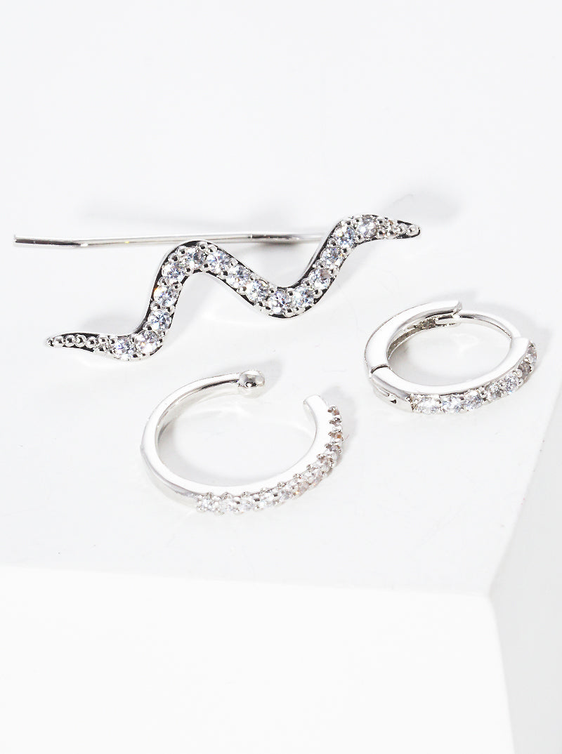 Set Of 3 18K Gold Dipped Snake CZ Ear Crawler With Ear Cuff And Huggie Hoop Earrings