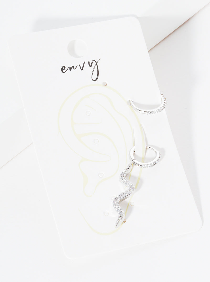 Set Of 3 18K Gold Dipped Snake CZ Ear Crawler With Ear Cuff And Huggie Hoop Earrings