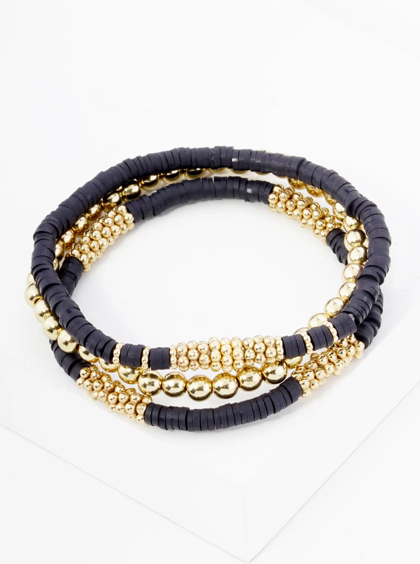 Set Of 3 4mm Clay And Metallic Bead Stackable Stretch Bracelet