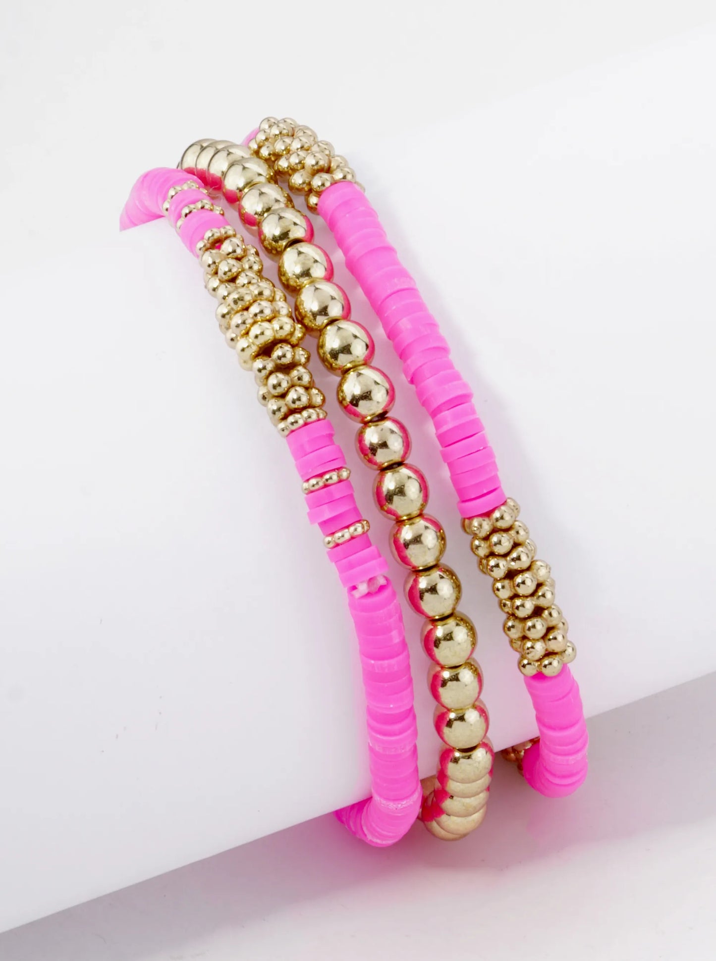 Set Of 3 4mm Clay And Metallic Bead Stackable Stretch Bracelet