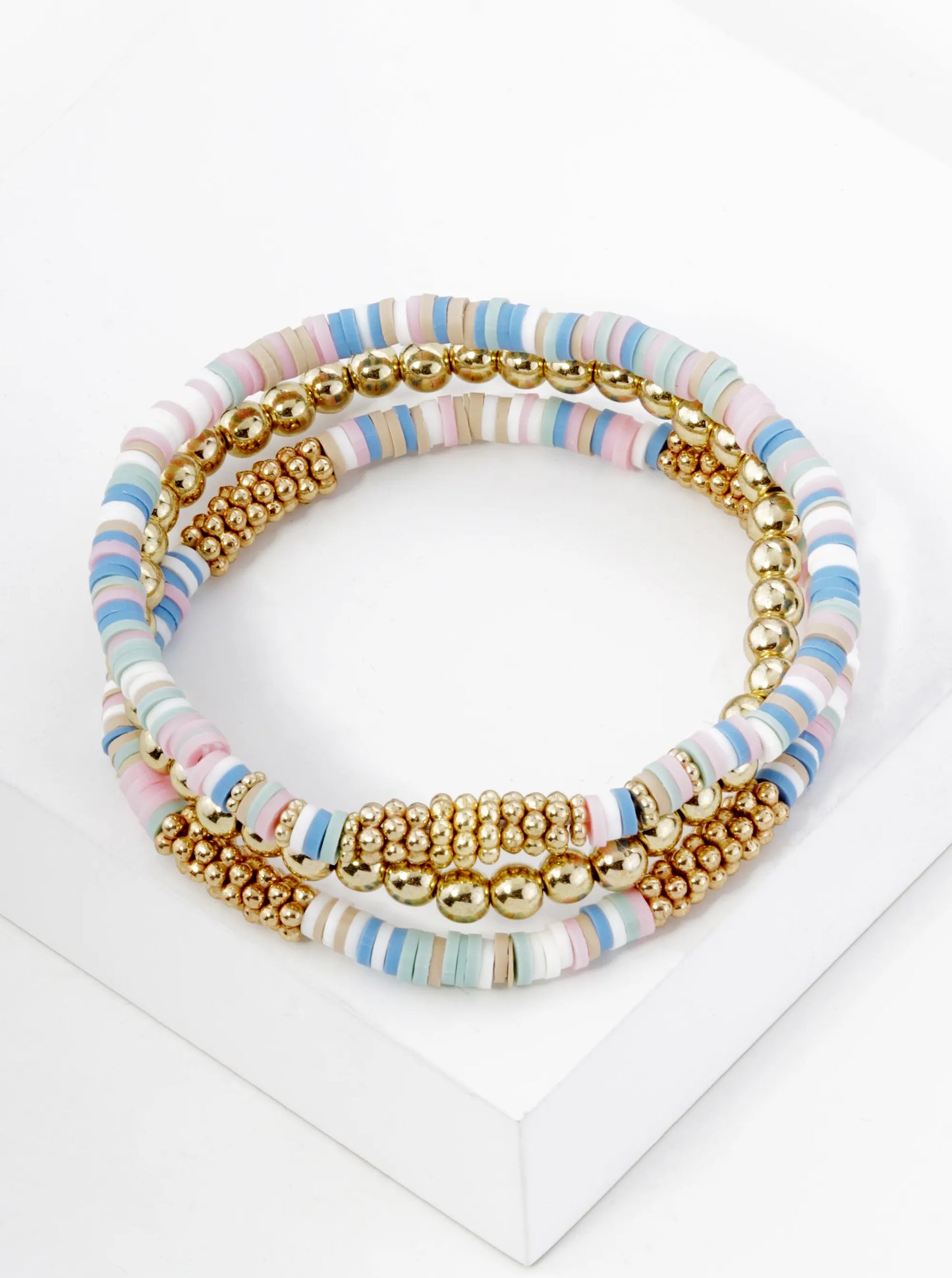 Set Of 3 4mm Clay And Metallic Bead Stackable Stretch Bracelet