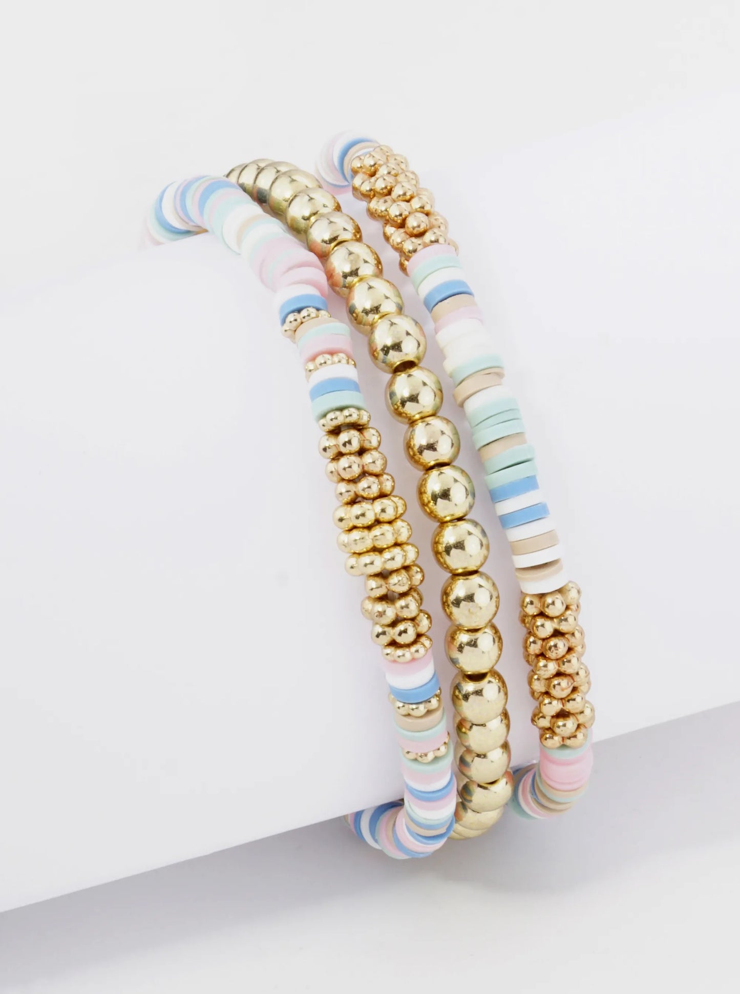 Set Of 3 4mm Clay And Metallic Bead Stackable Stretch Bracelet