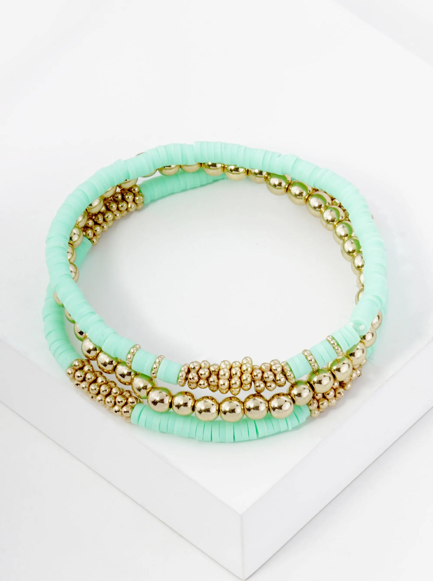 Set Of 3 4mm Clay And Metallic Bead Stackable Stretch Bracelet