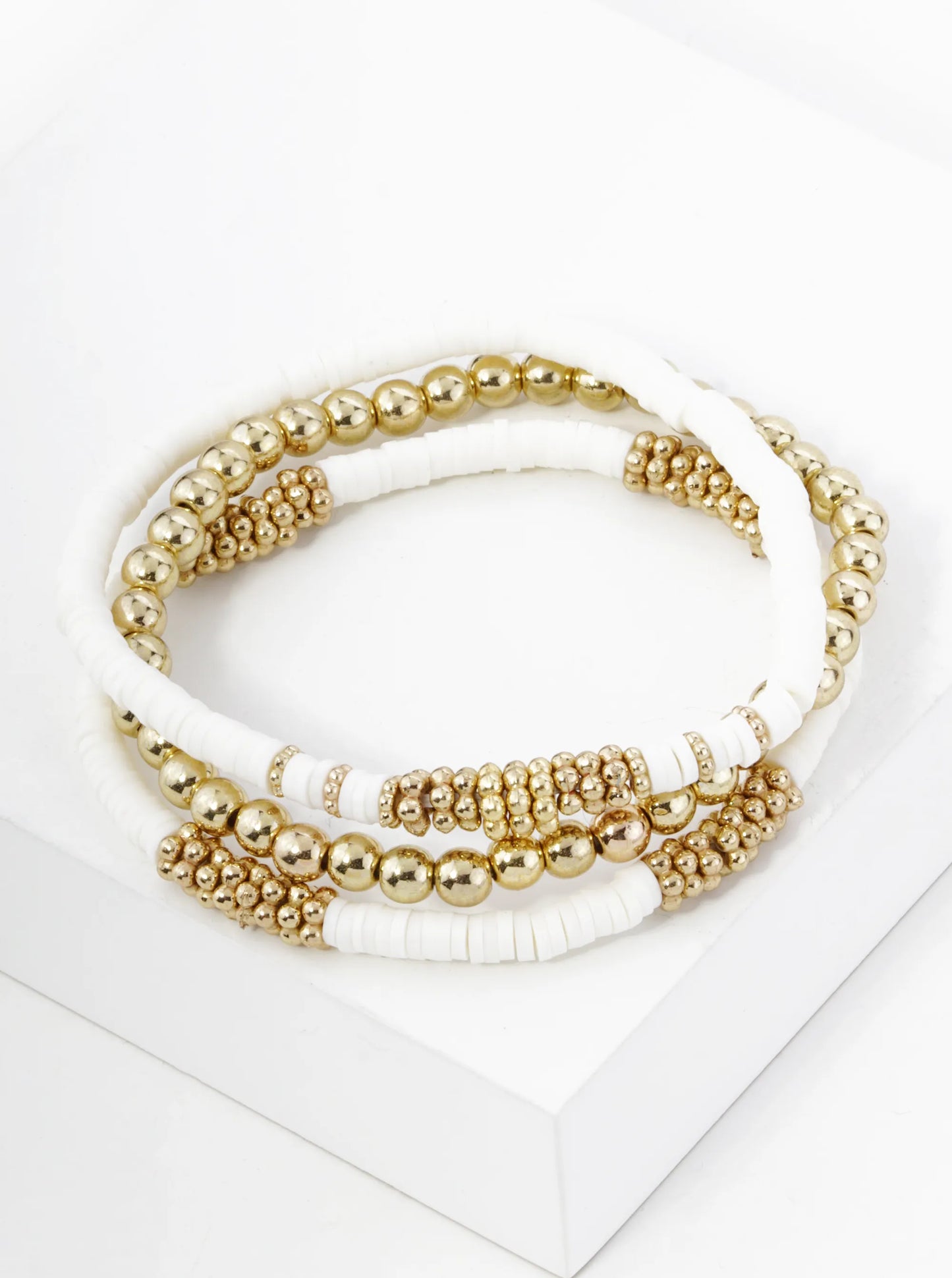 Set Of 3 4mm Clay And Metallic Bead Stackable Stretch Bracelet