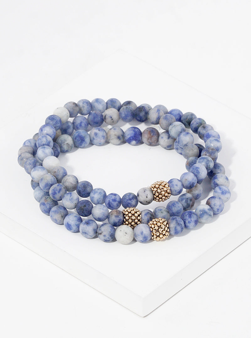 Set Of 3 4mm Semi-Precious Natural Stones And Metallic Beads Stretch Stackable Bracelet
