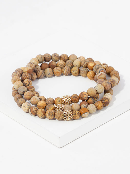 Set Of 3 4mm Semi-Precious Natural Stones And Metallic Beads Stretch Stackable Bracelet