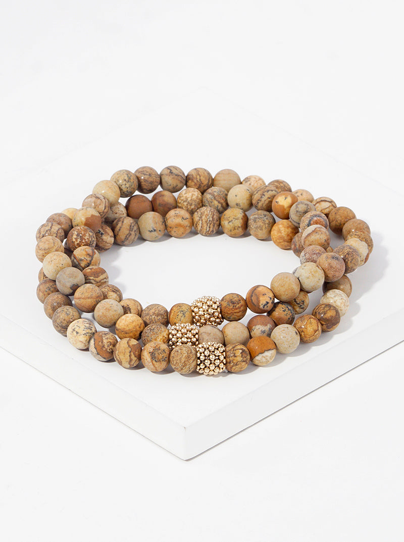 Set Of 3 4mm Semi-Precious Natural Stones And Metallic Beads Stretch Stackable Bracelet Brown